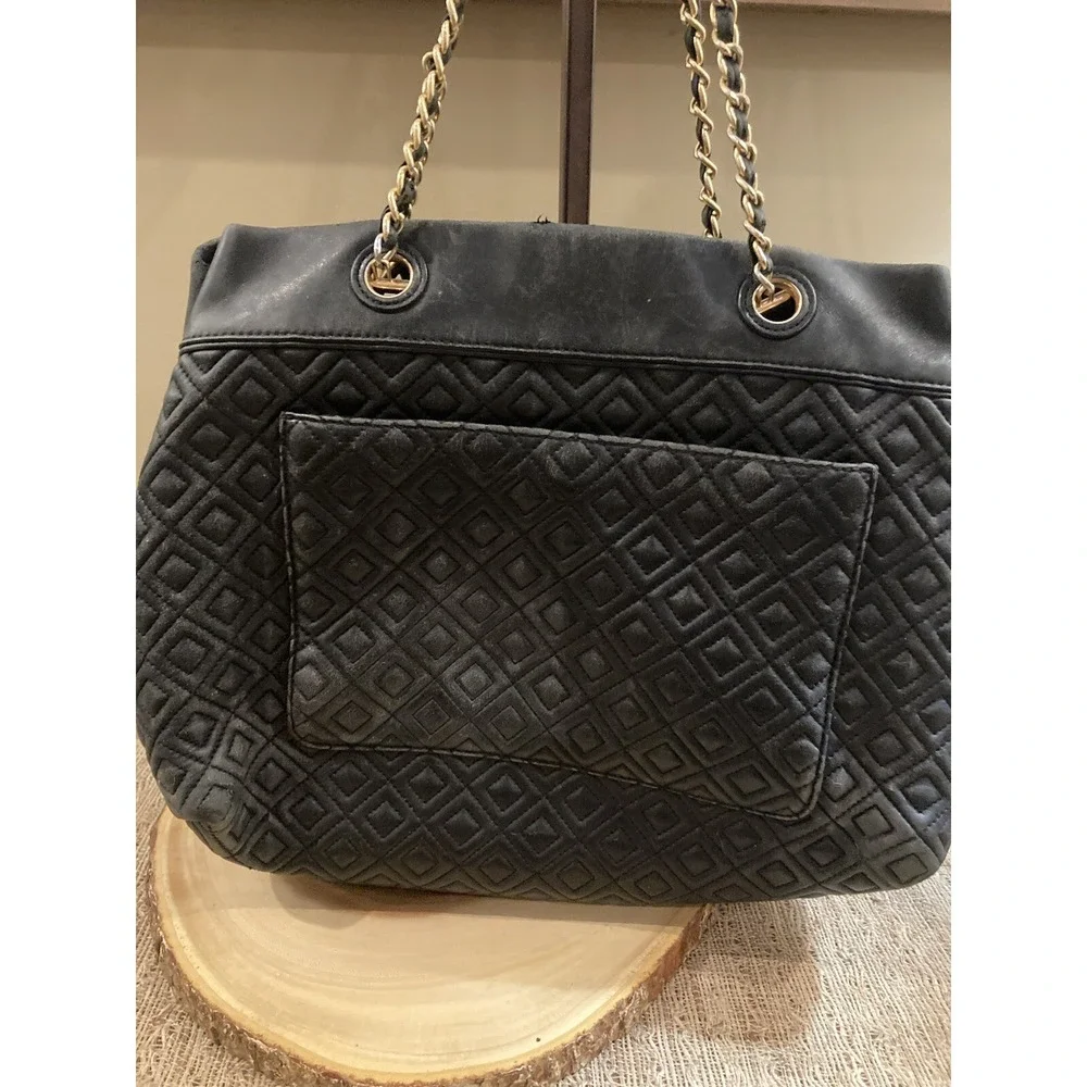 TORY BURCH QUILTED‎ FLEMING BLACK CHAIN TOTE BAG PURSE